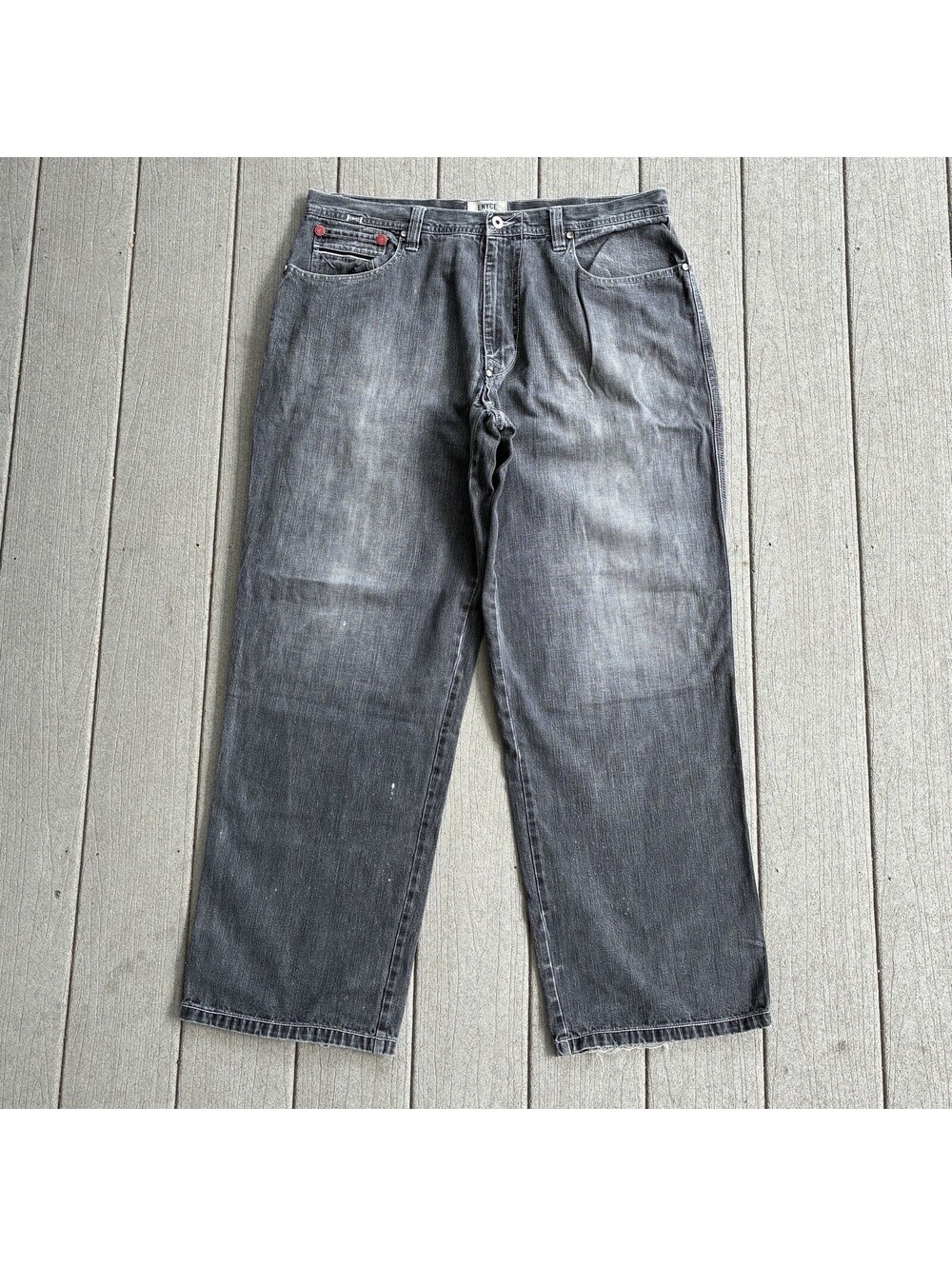 Y2K Vtg Baggy Enyce Black Gray Distressed Jeans Men’s 38 Wide Faded Denim Pants